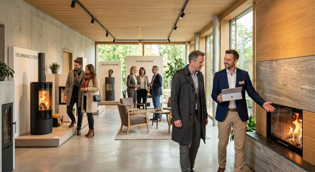 BeratungsgesprÃ¤ch in einer modernen FeuerstÃ¤tten-Ausstellung mit Kunden und Fachberatern